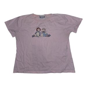 Y2K Pink Embroidered Raggedy Ann & Andy Tee Size XL